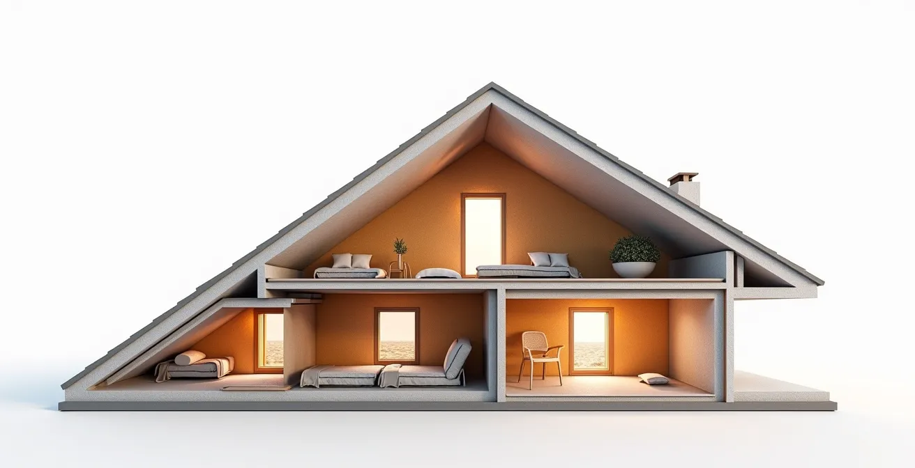 Illustration montrant les différents postes de rénovation énergétique (toiture, murs, fenêtres, chauffage) intégrés dans une stratégie cohérente