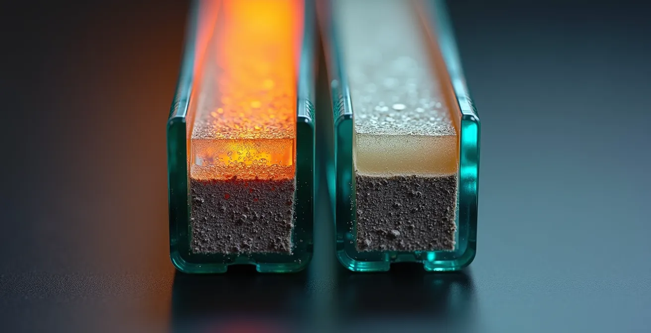 Coupe transversale comparant un simple vitrage ancien avec un double vitrage haute performance, montrant flux thermique et isolation