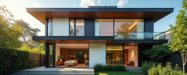 Vue d'une maison moderne avec fenêtres haute performance reflétant la lumière naturelle, murs isolés et architecture contemporaine