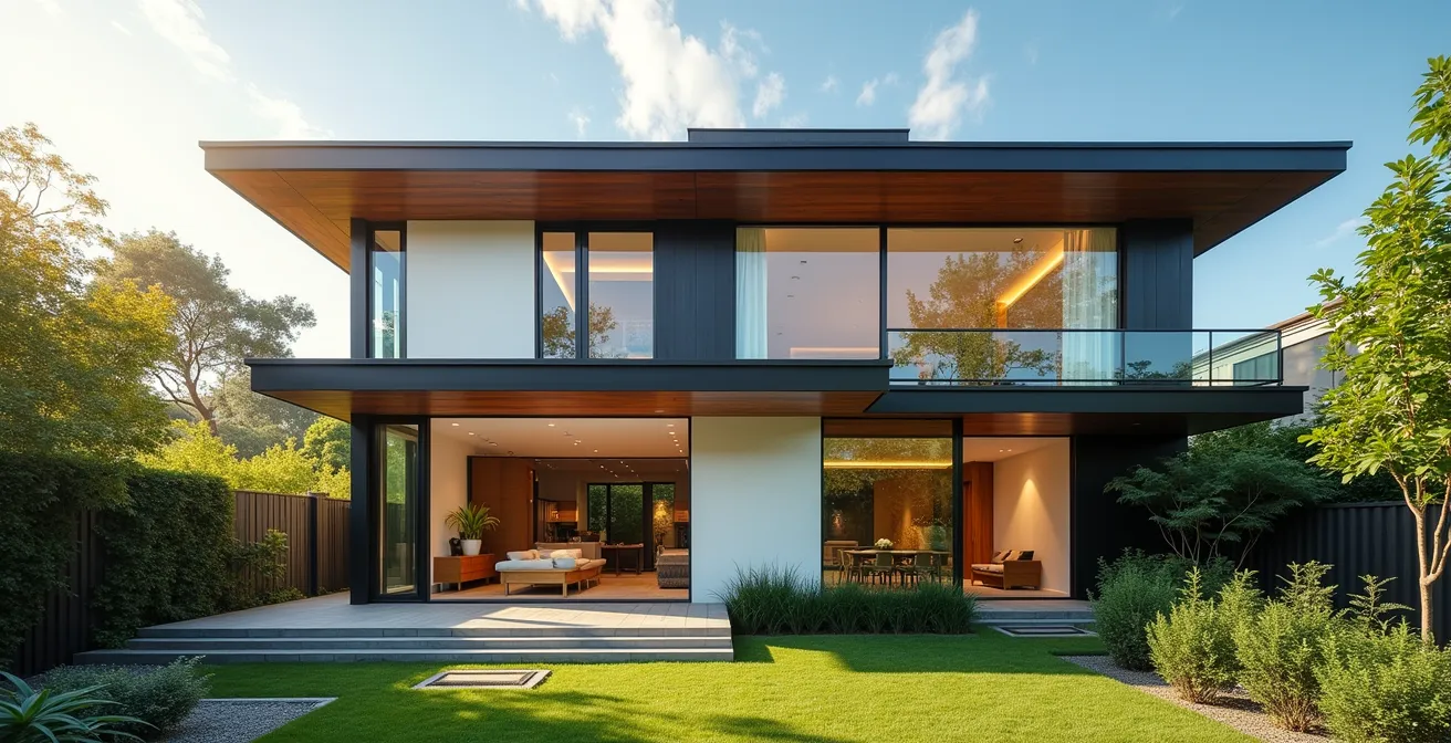 Vue d'une maison moderne avec fenêtres haute performance reflétant la lumière naturelle, murs isolés et architecture contemporaine