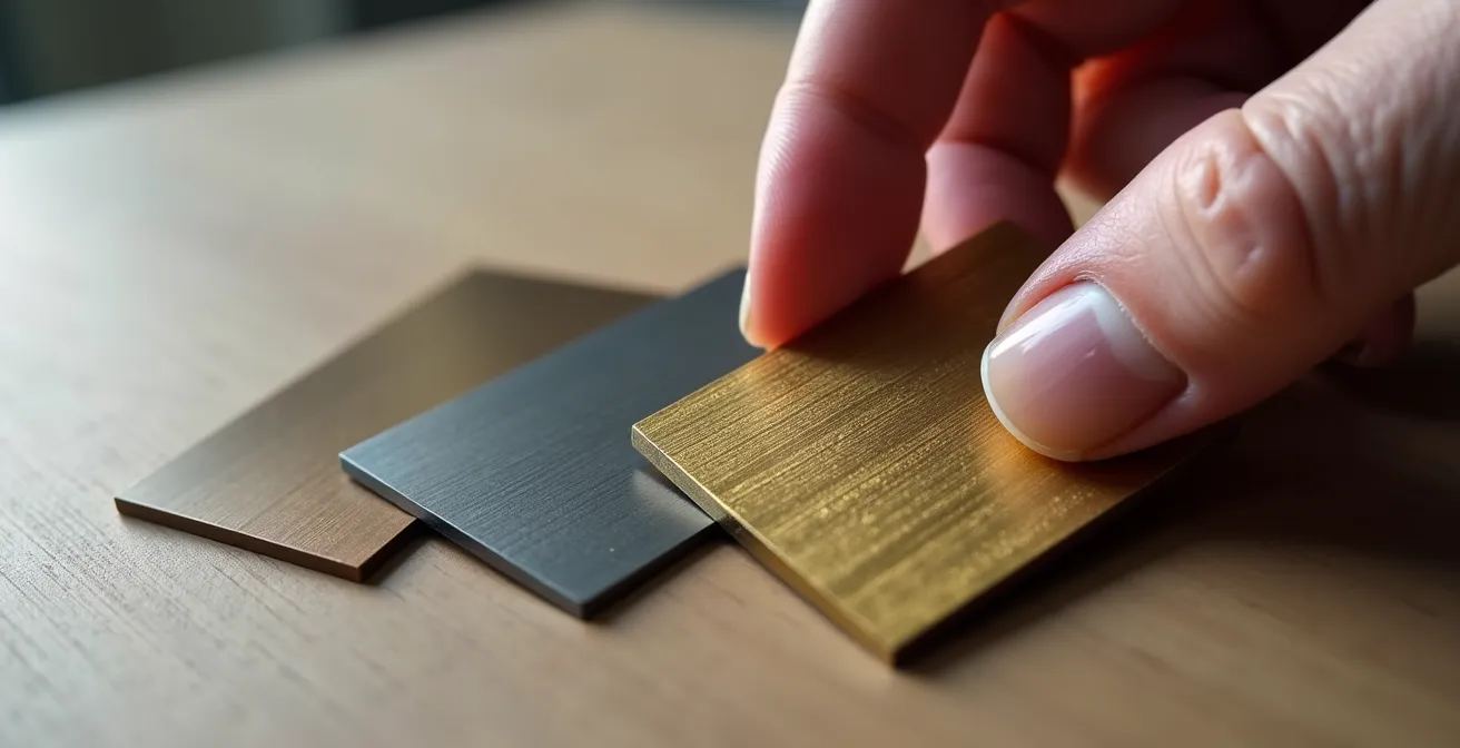 Gros plan sur une main tenant différents échantillons de matériaux métalliques pour poignées de porte