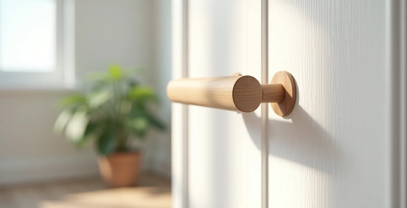 Poignée de porte en bois naturel certifié dans un intérieur épuré et lumineux