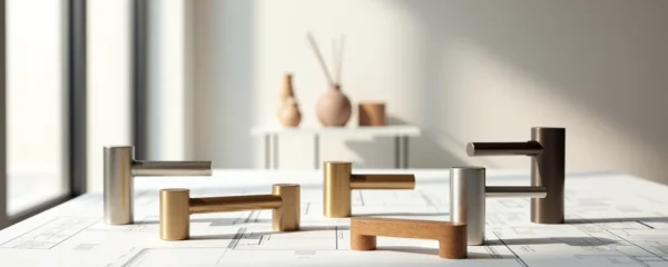 Composition de différentes poignées de porte en matériaux nobles disposées sur un plan architectural