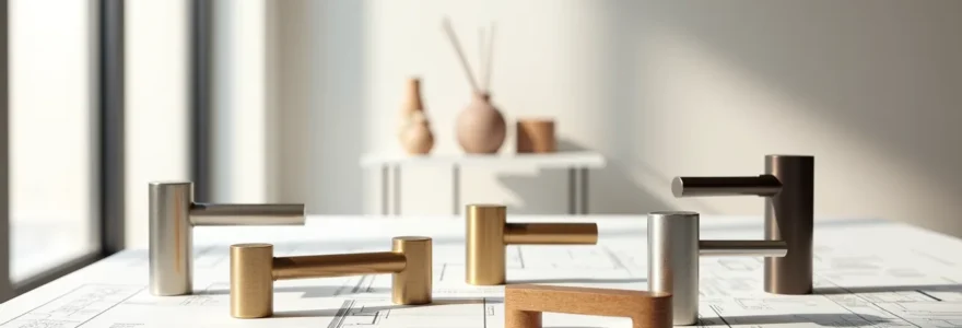 Composition de différentes poignées de porte en matériaux nobles disposées sur un plan architectural