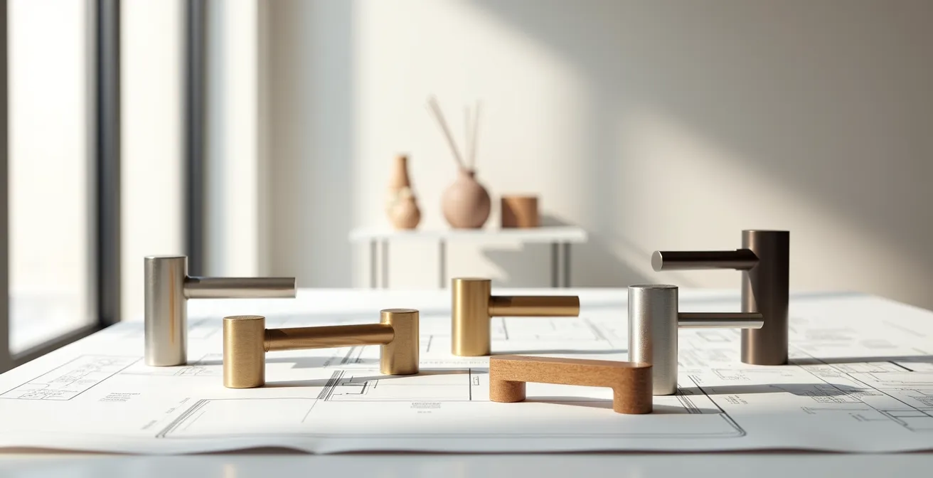 Composition de différentes poignées de porte en matériaux nobles disposées sur un plan architectural