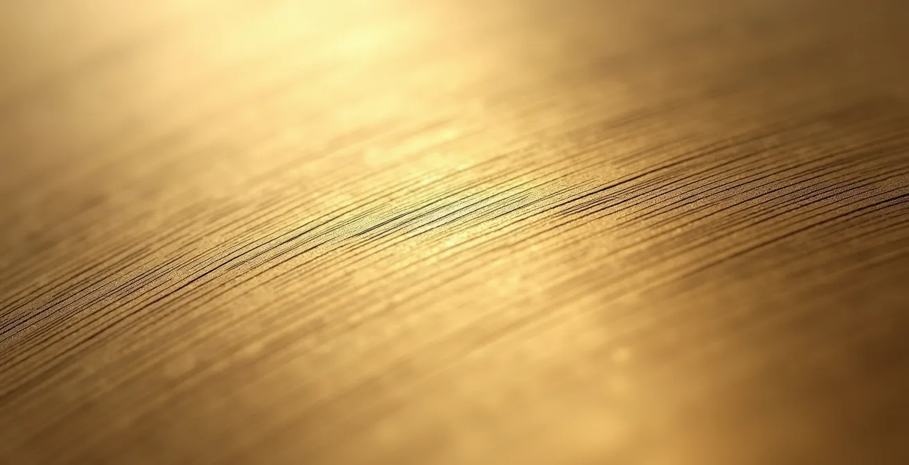 Photographie macro montrant la texture fine d'une surface de laiton brossé avec ses micro-rayures caractéristiques