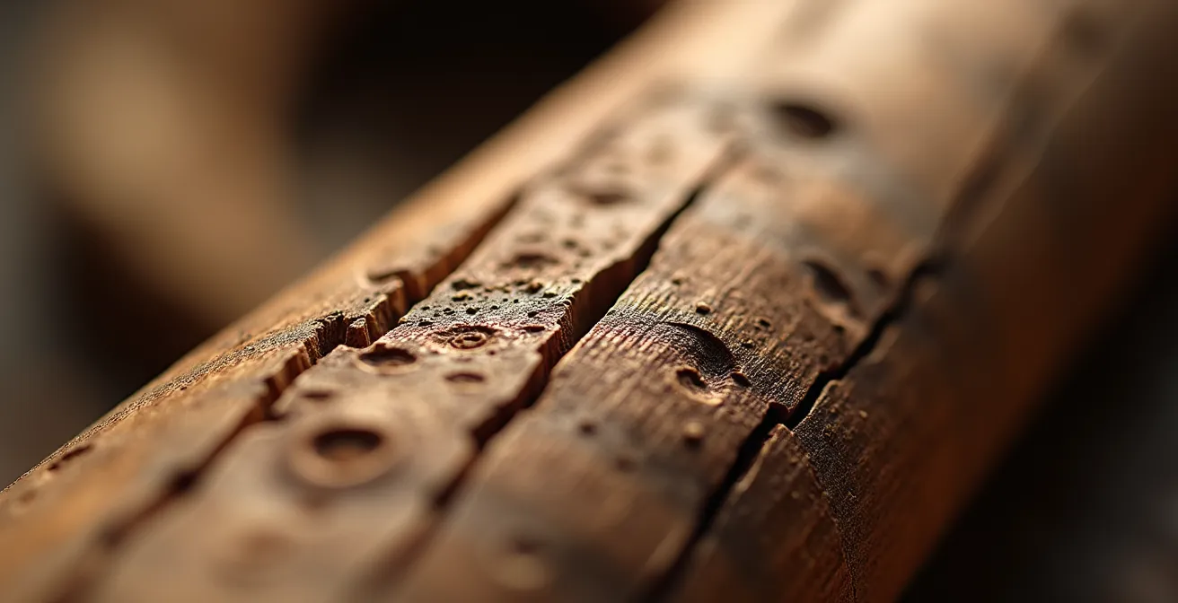 Gros plan sur la texture du bois travaillé à la main d'un portail artisanal