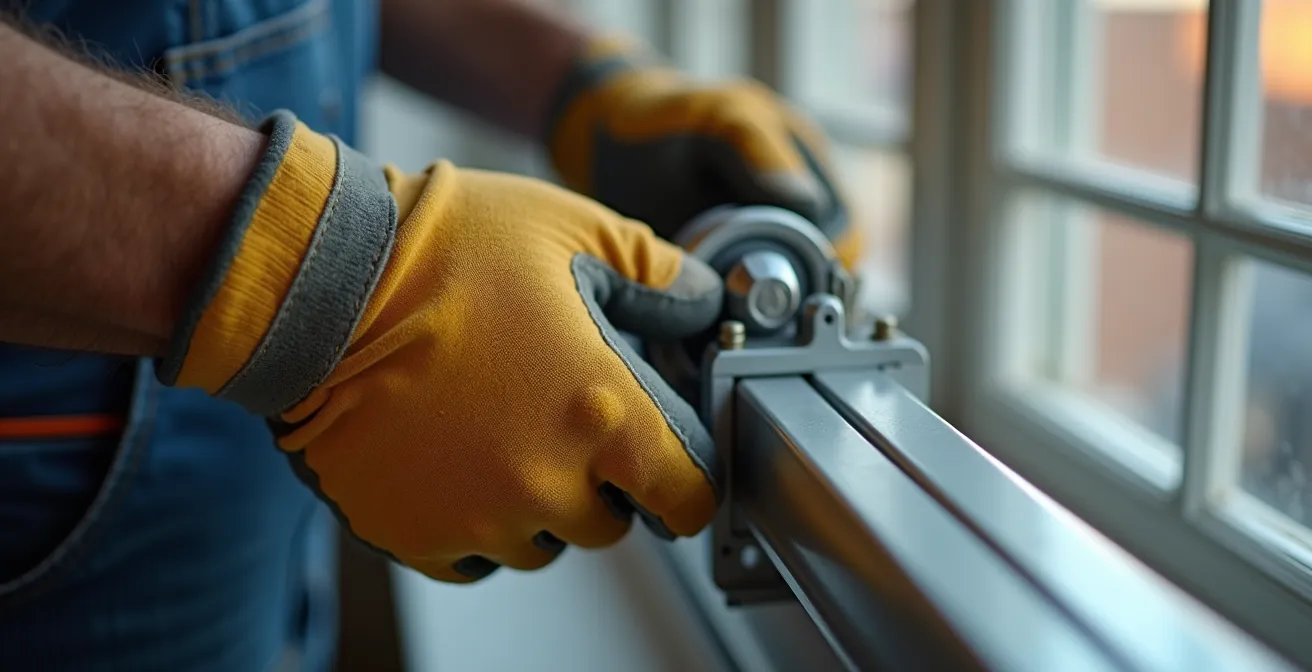 Mains d'artisan ajustant un volet roulant aluminium