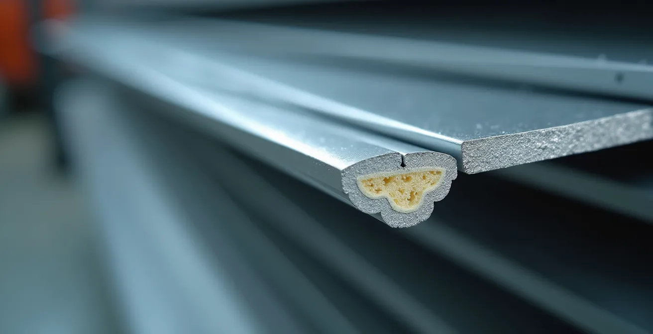 Gros plan sur la texture et l'épaisseur d'une lame de volet aluminium