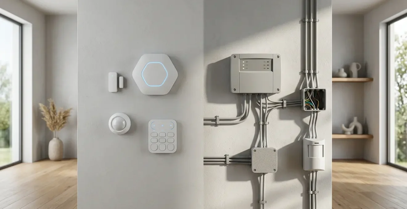 Comparaison entre système d'alarme sans fil moderne et installation filaire traditionnelle dans une maison