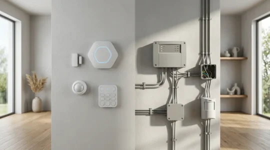 Comparaison entre système d'alarme sans fil moderne et installation filaire traditionnelle dans une maison