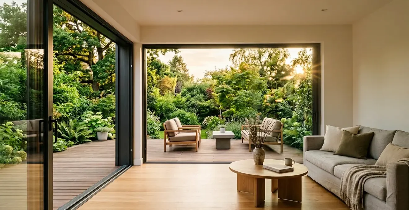 Baie coulissante à galandage ouverte sur terrasse avec vue jardin