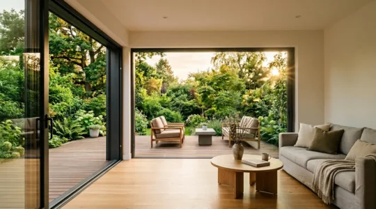 Baie coulissante à galandage ouverte sur terrasse avec vue jardin