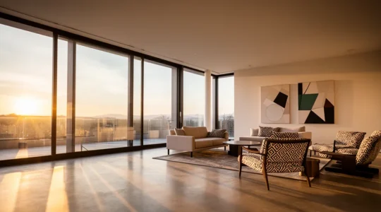 Grande baie vitrée orientée plein sud laissant entrer la lumière naturelle du soleil d'hiver dans un salon moderne et chaleureux