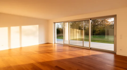 Baie vitrée coulissante moderne installée dans un salon lumineux