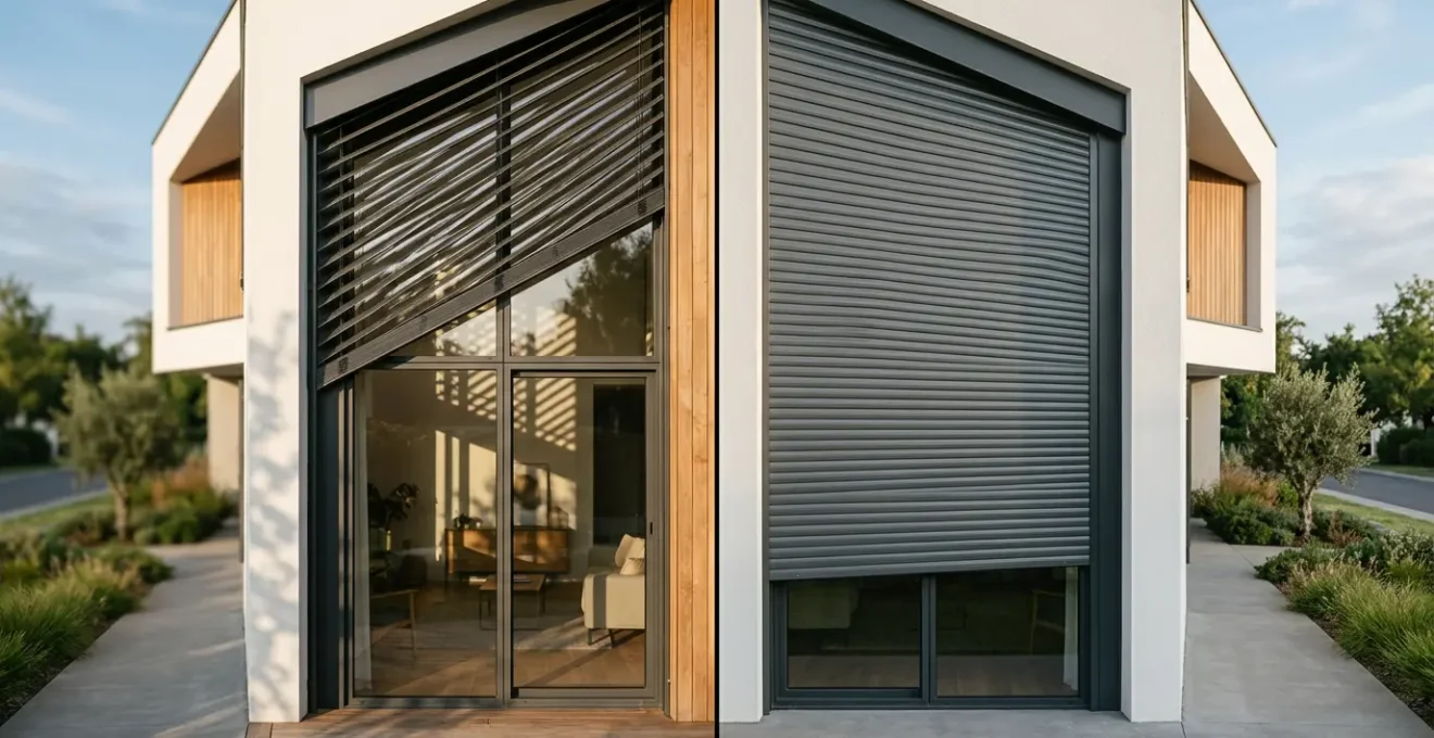 Façade moderne avec brise-soleil orientable et volet roulant côte à côte
