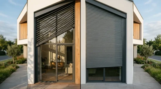 Façade moderne avec brise-soleil orientable et volet roulant côte à côte