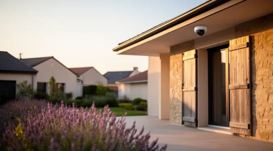 Vue d'angle d'une maison moderne avec caméra de surveillance discrète sous l'avant-toit