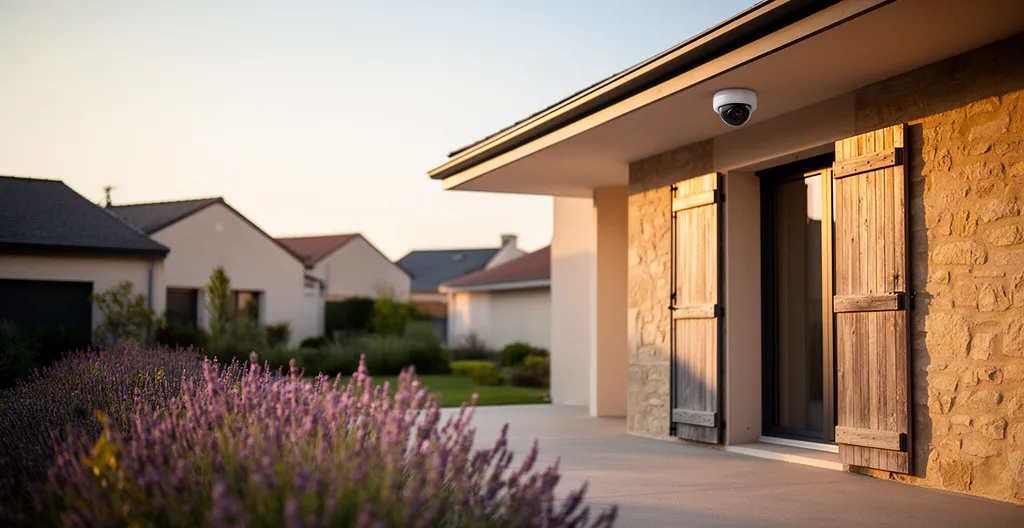 Vue d'angle d'une maison moderne avec caméra de surveillance discrète sous l'avant-toit