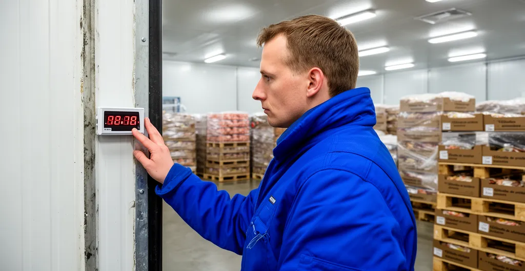 Opérateur en tenue isotherme près d'une porte rapide en chambre froide industrielle