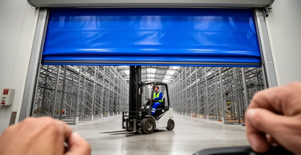 Chariot élévateur passant sous une porte rapide industrielle dans un entrepôt logistique