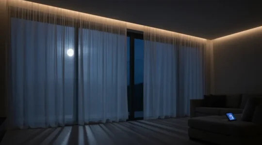 Chat tigré sur un canapé dans un salon moderne la nuit avec détecteur de mouvement visible en arrière-plan