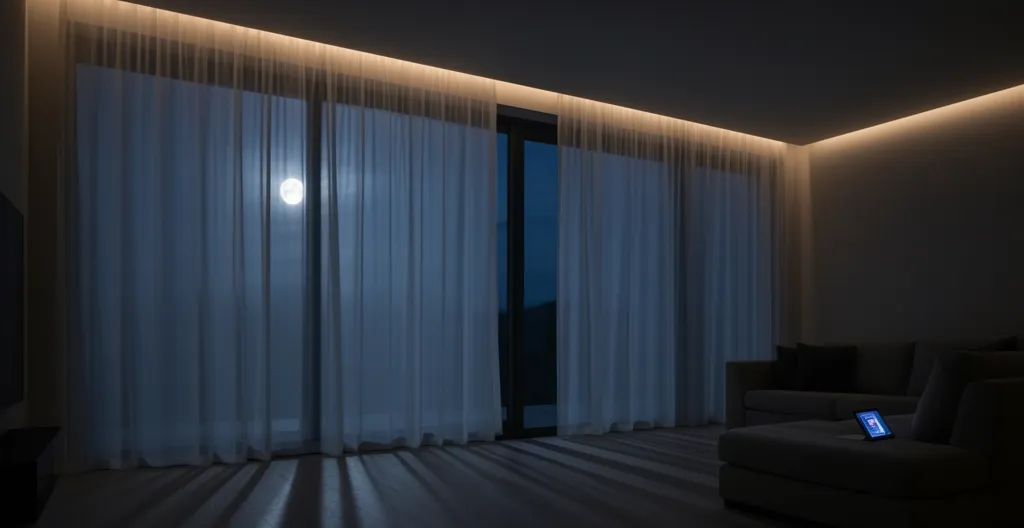 Chat tigré sur un canapé dans un salon moderne la nuit avec détecteur de mouvement visible en arrière-plan