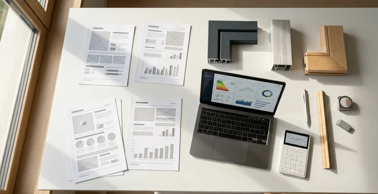 Analyse comparative de plusieurs devis de fenêtres sur un bureau avec calculatrice et échantillons de matériaux