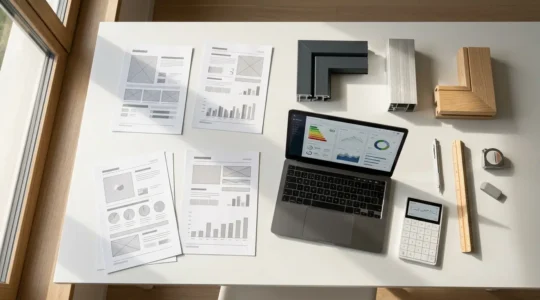 Analyse comparative de plusieurs devis de fenêtres sur un bureau avec calculatrice et échantillons de matériaux