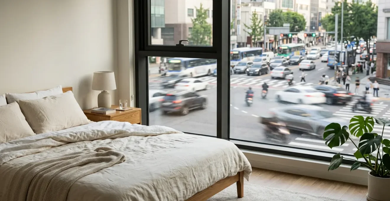 Vue intérieure d'un appartement calme avec double vitrage phonique face à un boulevard animé
