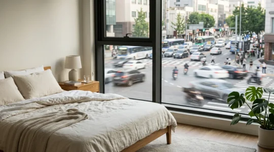 Vue intérieure d'un appartement calme avec double vitrage phonique face à un boulevard animé