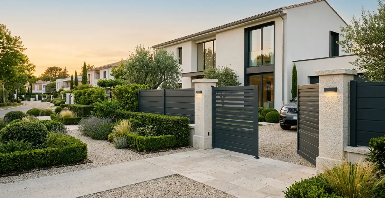 Vue d'ensemble d'une propriété moderne avec portail aluminium et clôture assortie, mettant en valeur l'harmonie architecturale et la valorisation immobilière