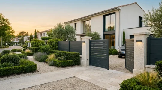 Vue d'ensemble d'une propriété moderne avec portail aluminium et clôture assortie, mettant en valeur l'harmonie architecturale et la valorisation immobilière