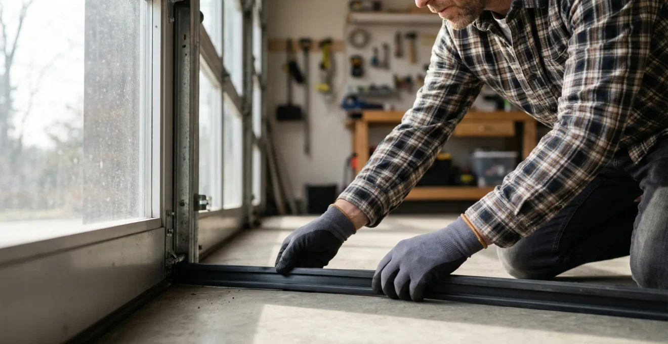 Détail technique du traitement d'étanchéité au niveau du seuil de porte de garage avec rupture de pont thermique