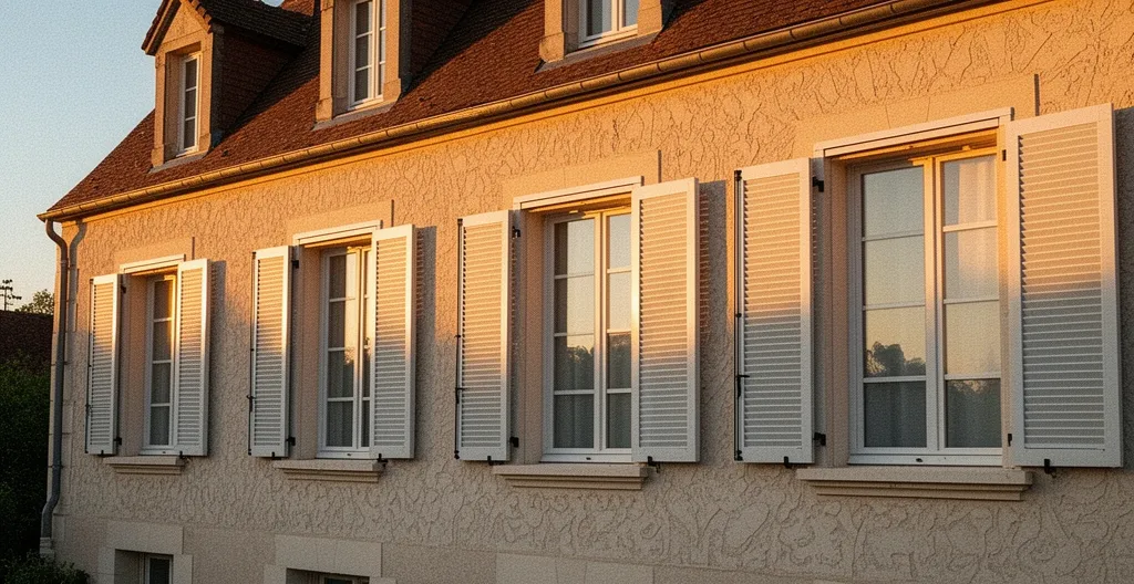 Façade de maison rénovée avec volets battants sur précadre aluminium, finition impeccable