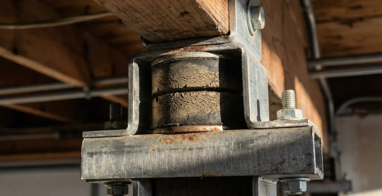 Système d'isolation vibratoire installé entre le moteur et les fixations plafond d'une porte de garage