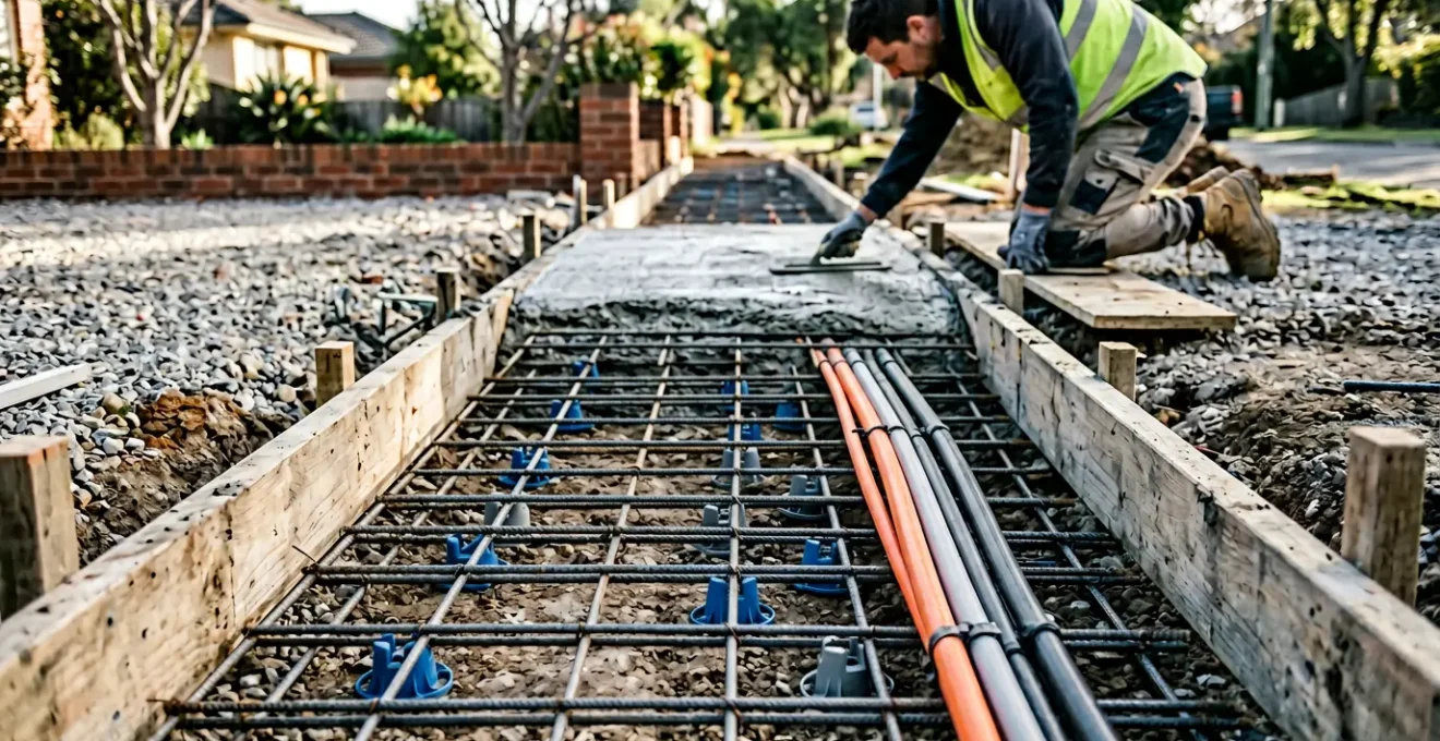 Vue détaillée de la construction d'une longrine béton pour portail coulissant avec ferraillage et gaines électriques apparentes