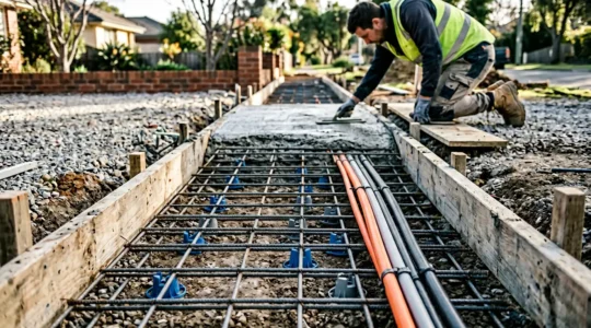 Vue détaillée de la construction d'une longrine béton pour portail coulissant avec ferraillage et gaines électriques apparentes