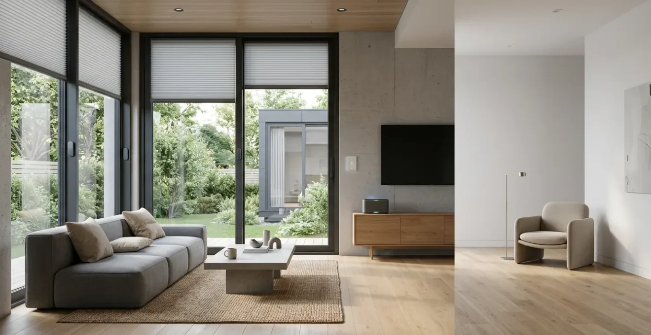 Vue d'intérieur moderne avec fenêtres équipées de capteurs connectés et système domotique intégré