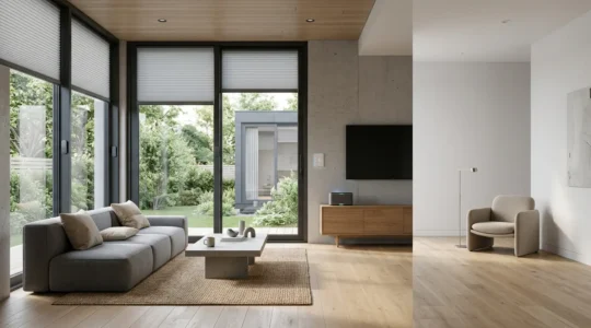 Vue d'intérieur moderne avec fenêtres équipées de capteurs connectés et système domotique intégré