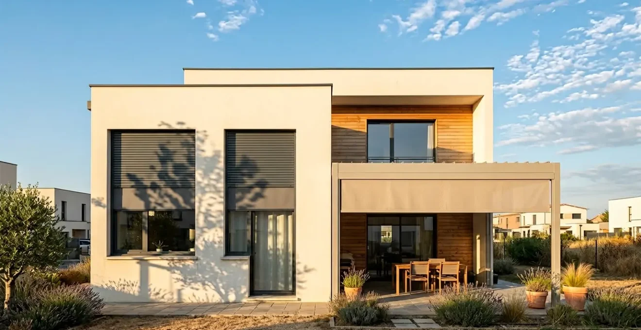 Façade moderne équipée de volets roulants et stores extérieurs sous soleil estival