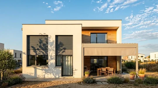 Façade moderne équipée de volets roulants et stores extérieurs sous soleil estival