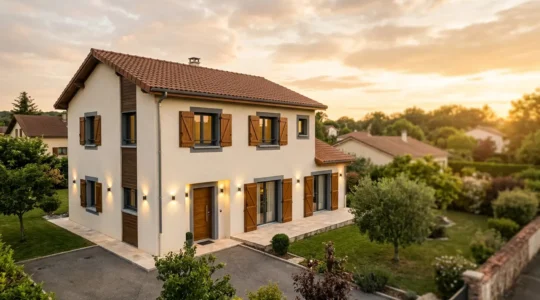 Vue large d'une maison française moderne avec menuiseries sécurisées, éclairage extérieur et jardin au crépuscule