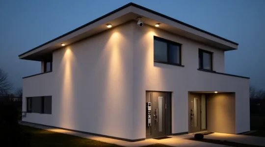 Maison moderne sécurisée de nuit avec éclairage extérieur et systèmes de protection visibles