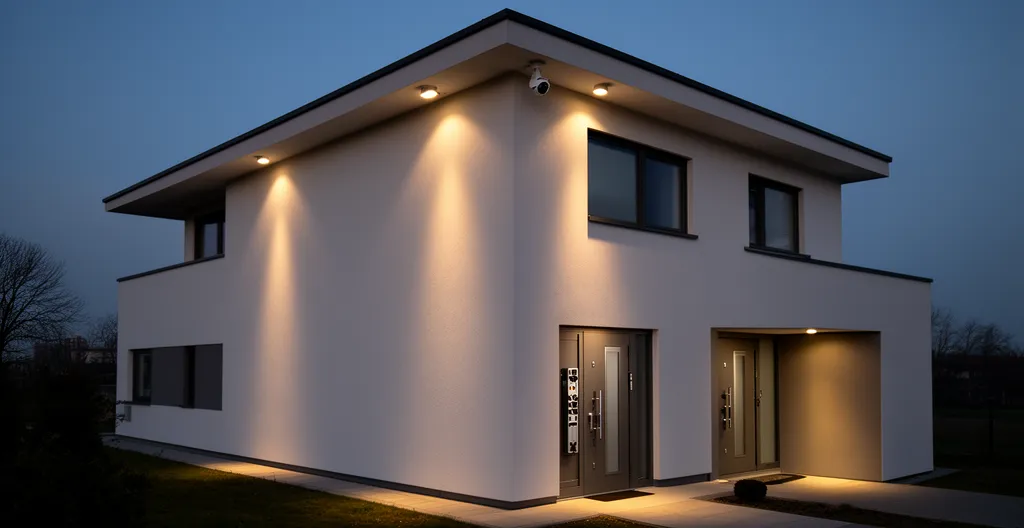 Maison moderne sécurisée de nuit avec éclairage extérieur et systèmes de protection visibles