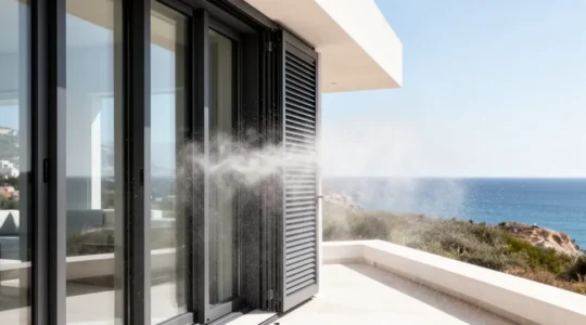 Vue architecturale de menuiseries en aluminium thermolaqué sur villa contemporaine face à la mer avec embruns salins visibles