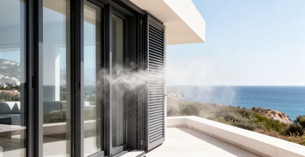 Vue architecturale de menuiseries en aluminium thermolaqué sur villa contemporaine face à la mer avec embruns salins visibles