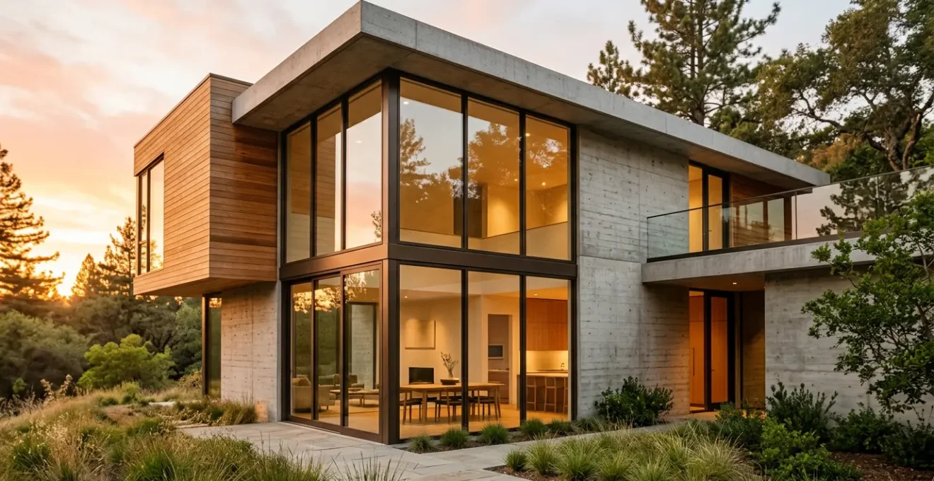 Vue architecturale d'une maison contemporaine avec menuiseries aux profils ultra-fins mettant en valeur la luminosité naturelle