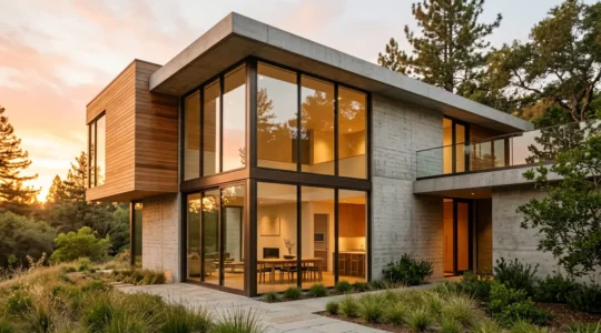 Vue architecturale d'une maison contemporaine avec menuiseries aux profils ultra-fins mettant en valeur la luminosité naturelle