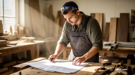 Un menuisier examine attentivement des documents dans un atelier lumineux
